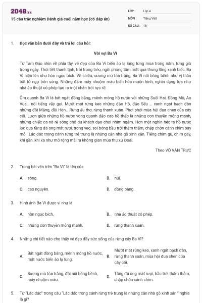 15 câu trắc nghiệm Đánh giá cuối năm học (có đáp án)