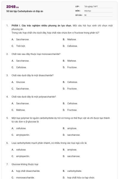 50 bài tập Carbohydrate có đáp án