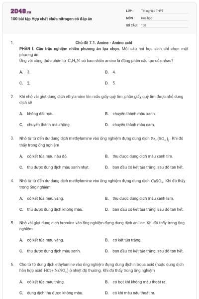 100 bài tập Hợp chất chứa nitrogen có đáp án