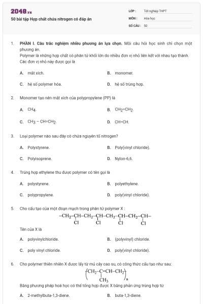 50 bài tập Hợp chất chứa nitrogen có đáp án