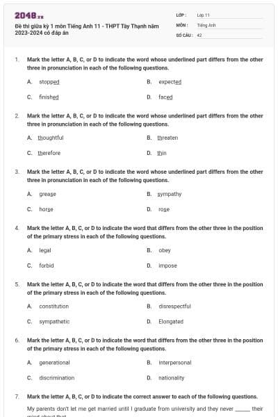 Đề thi giữa kỳ 1 môn Tiếng Anh 11 - THPT Tây Thạnh năm 2023-2024 có đáp án