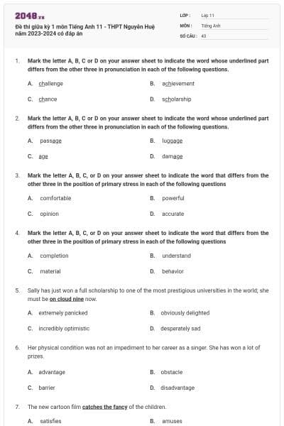 Đề thi giữa kỳ 1 môn Tiếng Anh 11 - THPT Nguyễn Huệ năm 2023-2024 có đáp án