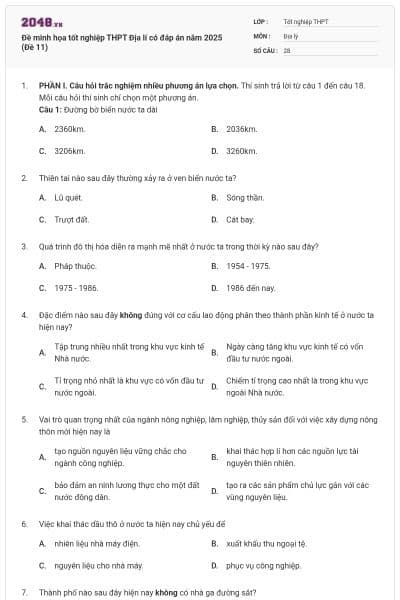 Đề minh họa tốt nghiệp THPT Địa lí có đáp án năm 2025 (Đề 11)