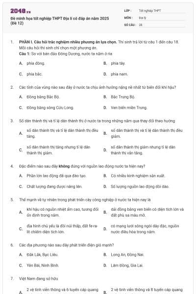Đề minh họa tốt nghiệp THPT Địa lí có đáp án năm 2025 (Đề 12)