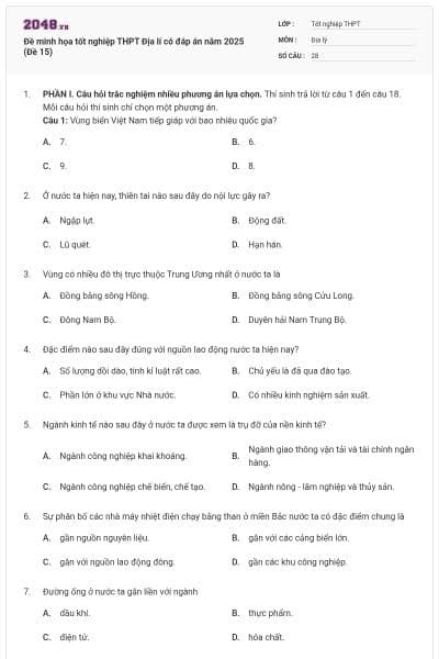 Đề minh họa tốt nghiệp THPT Địa lí có đáp án năm 2025 (Đề 15)