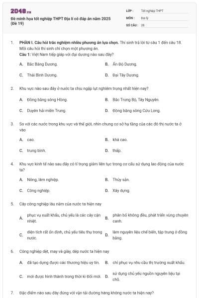 Đề minh họa tốt nghiệp THPT Địa lí có đáp án năm 2025 (Đề 19)