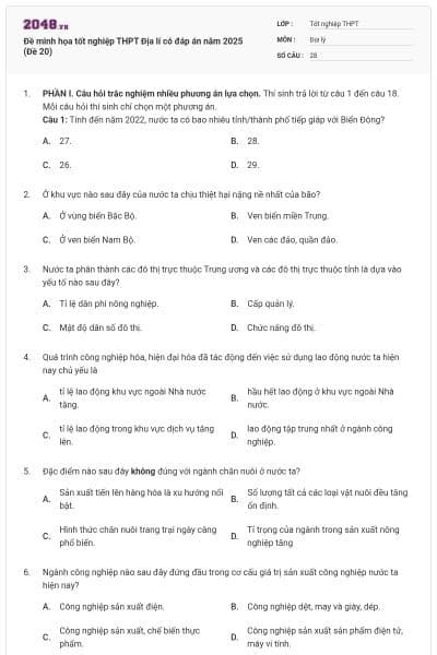 Đề minh họa tốt nghiệp THPT Địa lí có đáp án năm 2025 (Đề 20)