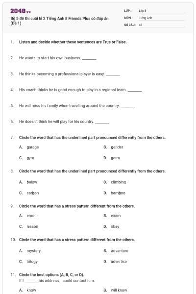 Bộ 5 đề thi cuối kì 2 Tiếng Anh 8 Friends Plus có đáp án (Đề 1)