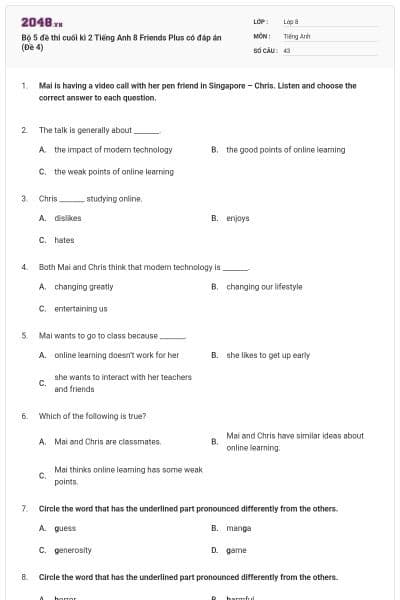 Bộ 5 đề thi cuối kì 2 Tiếng Anh 8 Friends Plus có đáp án (Đề 4)