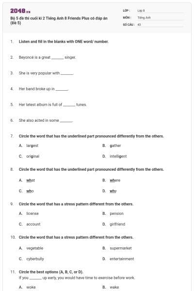 Bộ 5 đề thi cuối kì 2 Tiếng Anh 8 Friends Plus có đáp án (Đề 5)