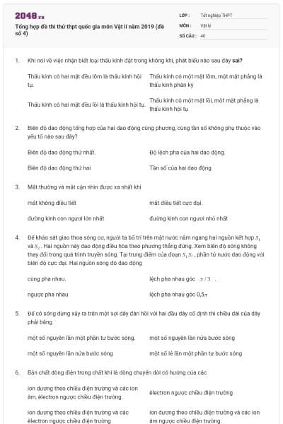 Tổng hợp đề thi thử thpt quốc gia môn Vật lí năm 2019 (đề số 4)