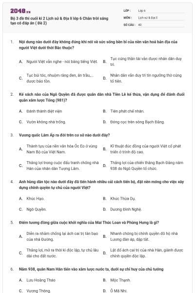 Bộ 3 đề thi cuối kì 2 Lịch sử & Địa lí lớp 6 Chân trời sáng tạo có đáp án ( Đề 2)