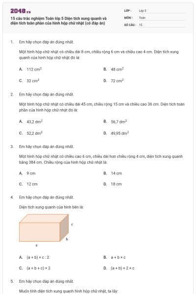 15 câu trắc nghiệm Toán lớp 5 Diện tích xung quanh và diện tích toàn phần của hình hộp chữ nhật (có đáp án)
