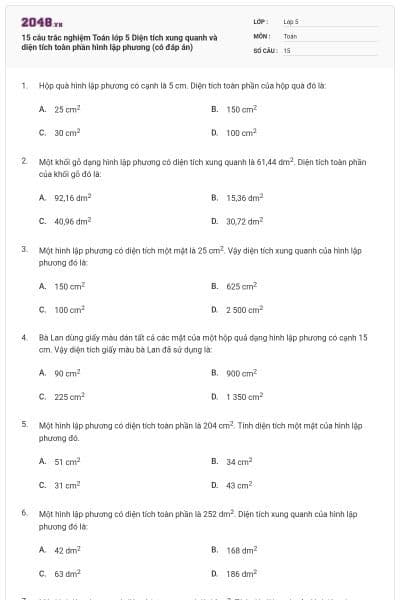 15 câu trắc nghiệm Toán lớp 5 Diện tích xung quanh và diện tích toàn phần hình lập phương (có đáp án)