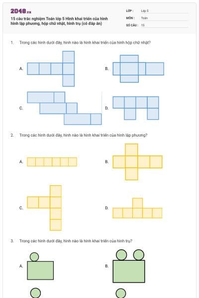 15 câu trắc nghiệm Toán lớp 5 Hình khai triển của hình hình lập phương, hộp chữ nhật, hình trụ (có đáp án)