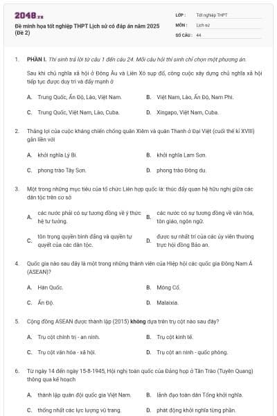 Đề minh họa tốt nghiệp THPT Lịch sử có đáp án năm 2025 (Đề 2)