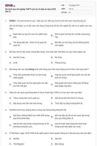 Đề minh họa tốt nghiệp THPT Lịch sử có đáp án năm 2025 (Đề 4)