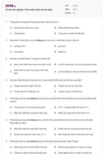 30 câu trắc nghiệm: Thiên nhiên phân hóa đa dạng