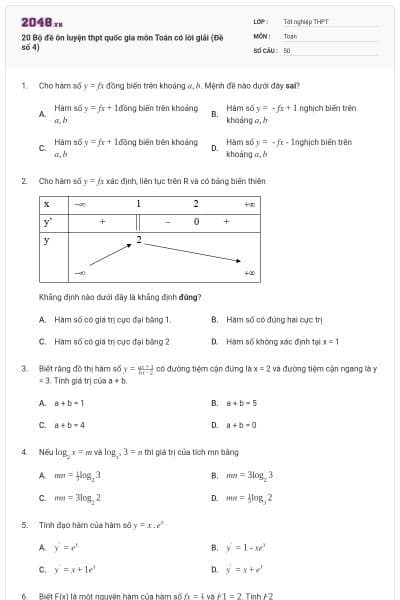 20 Bộ đề ôn luyện thpt quốc gia môn Toán có lời giải (Đề số 4)