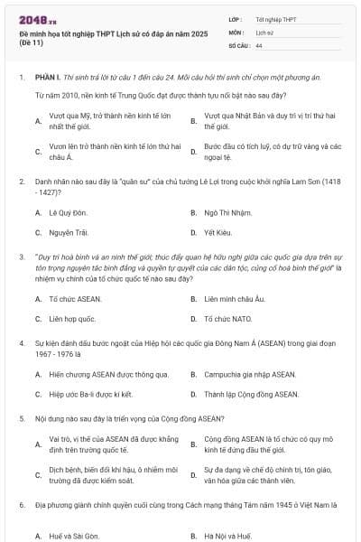 Đề minh họa tốt nghiệp THPT Lịch sử có đáp án năm 2025 (Đề 11)