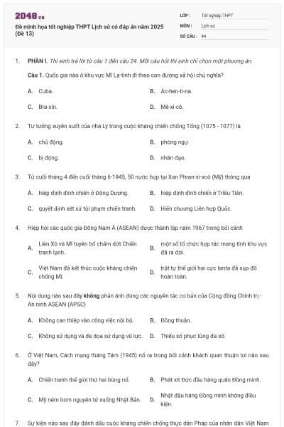 Đề minh họa tốt nghiệp THPT Lịch sử có đáp án năm 2025 (Đề 13)