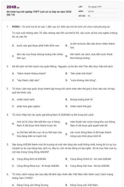Đề minh họa tốt nghiệp THPT Lịch sử có đáp án năm 2025 (Đề 14)