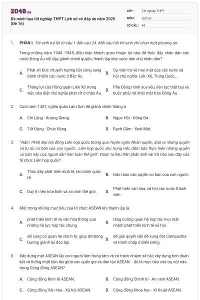 Đề minh họa tốt nghiệp THPT Lịch sử có đáp án năm 2025 (Đề 16)