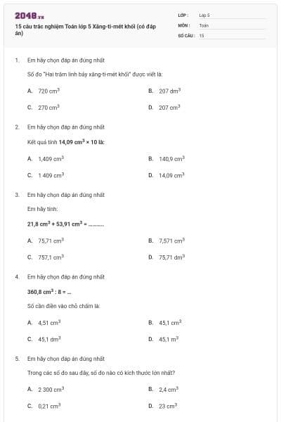 15 câu trắc nghiệm Toán lớp 5 Xăng-ti-mét khối (có đáp án)