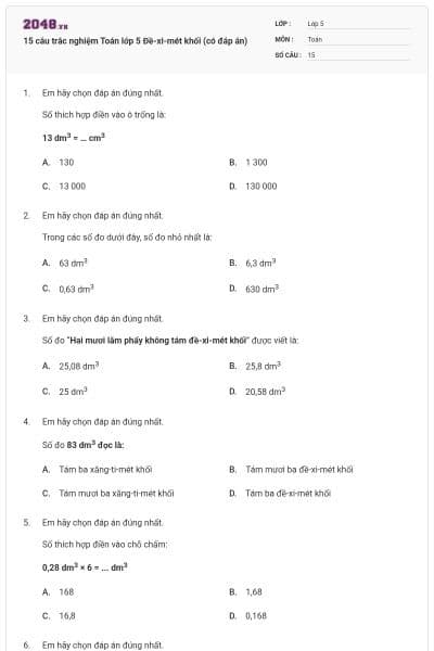 15 câu trắc nghiệm Toán lớp 5 Đề-xi-mét khối (có đáp án)