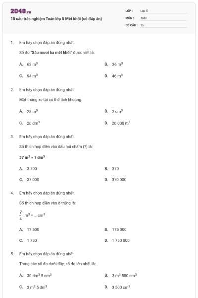 15 câu trắc nghiệm Toán lớp 5 Mét khối (có đáp án)