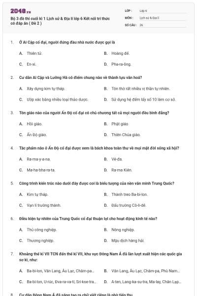 Bộ 3 đề thi cuối kì 1 Lịch sử & Địa lí lớp 6 Kết nối tri thức có đáp án ( Đề 2 )
