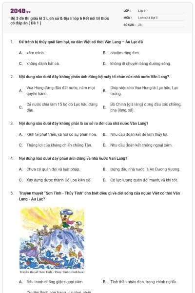 Bộ 3 đề thi giữa kì 2 Lịch sử & Địa lí lớp 6 Kết nối tri thức có đáp án ( Đề 1 )