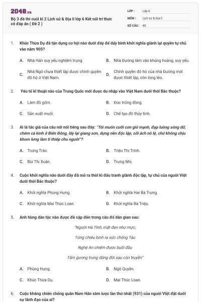 Bộ 3 đề thi cuối kì 2 Lịch sử & Địa lí lớp 6 Kết nối tri thức có đáp án ( Đề 2 )