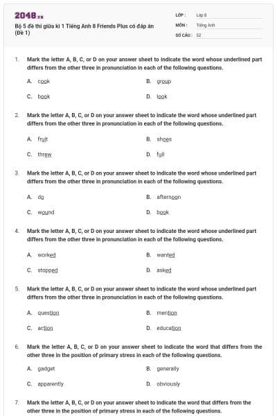Bộ 5 đề thi giữa kì 1 Tiếng Anh 8 Friends Plus có đáp án (Đề 1)