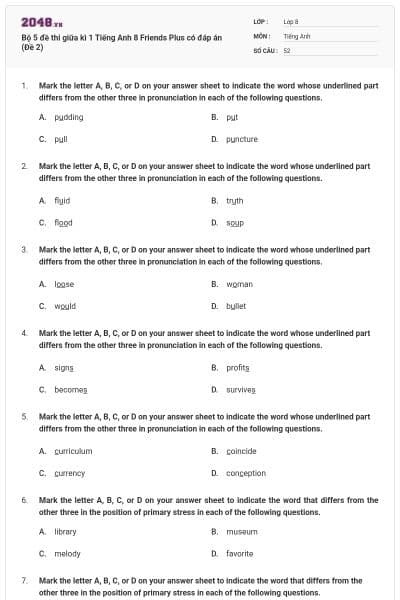 Bộ 5 đề thi giữa kì 1 Tiếng Anh 8 Friends Plus có đáp án (Đề 2)