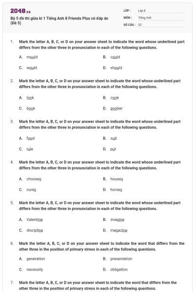 Bộ 5 đề thi giữa kì 1 Tiếng Anh 8 Friends Plus có đáp án (Đề 5)