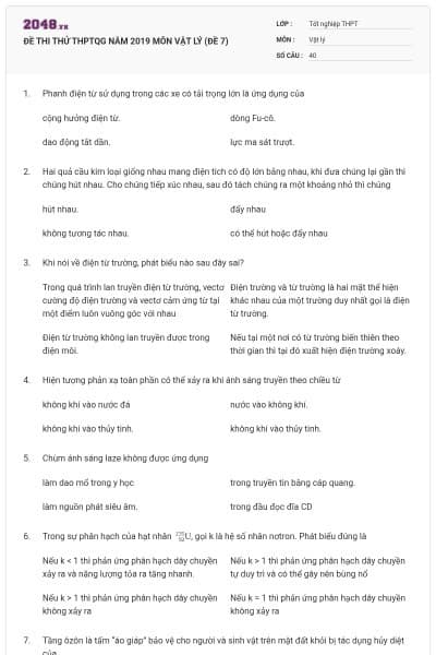 ĐỀ THI THỬ THPTQG NĂM 2019 MÔN VẬT LÝ (ĐỀ 7)