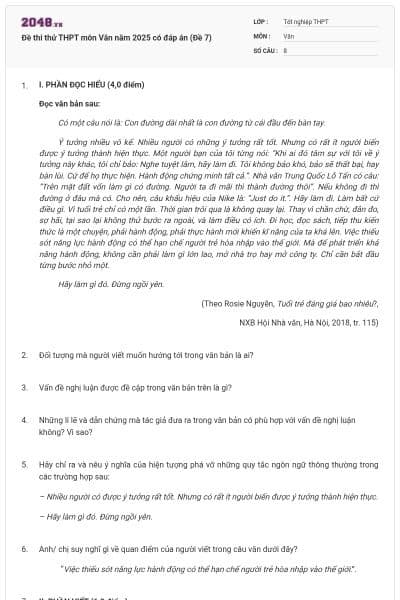Đề thi thử THPT môn Văn năm 2025 có đáp án (Đề 7)
