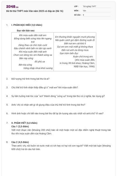 Đề thi thử THPT môn Văn năm 2025 có đáp án (Đề 16)