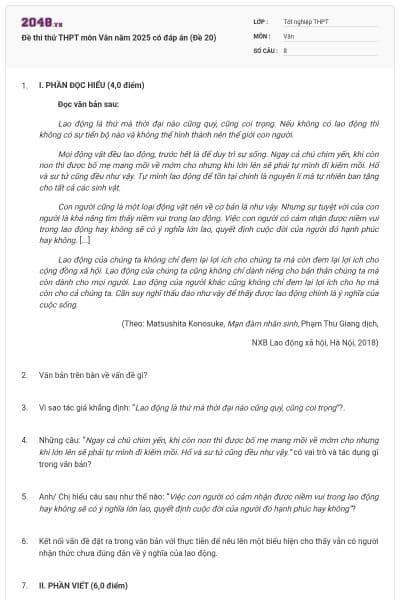 Đề thi thử THPT môn Văn năm 2025 có đáp án (Đề 20)