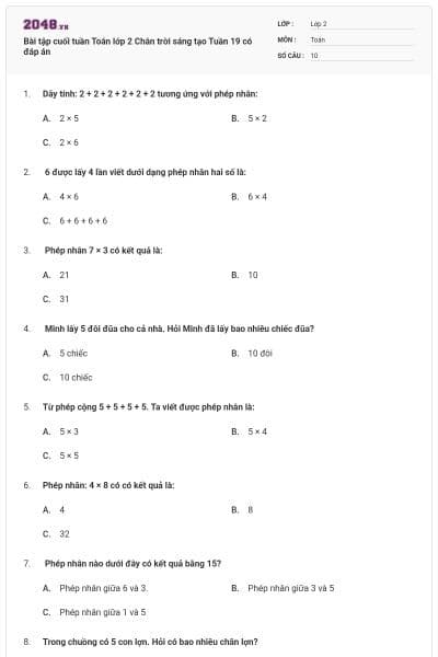 Bài tập cuối tuần Toán lớp 2 Chân trời sáng tạo Tuần 19 có đáp án