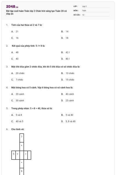 Bài tập cuối tuần Toán lớp 2 Chân trời sáng tạo Tuần 20 có đáp án