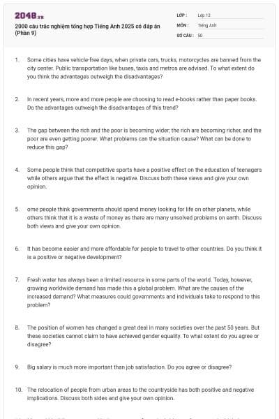 2000 câu trắc nghiệm tổng hợp Tiếng Anh 2025 có đáp án (Phần 9)