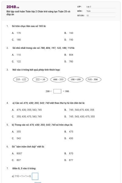 Bài tập cuối tuần Toán lớp 2 Chân trời sáng tạo Tuần 25 có đáp án