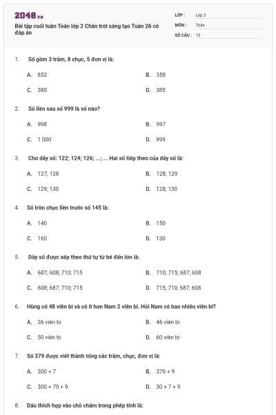 Bài tập cuối tuần Toán lớp 2 Chân trời sáng tạo Tuần 26 có đáp án
