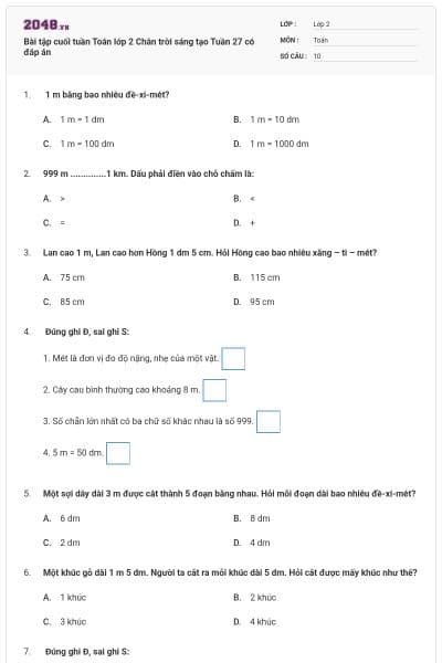 Bài tập cuối tuần Toán lớp 2 Chân trời sáng tạo Tuần 27 có đáp án