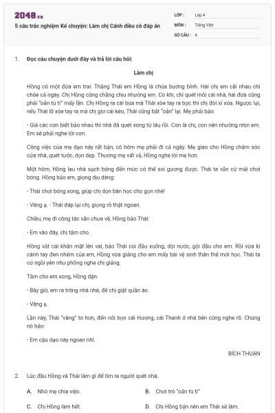 5 câu trắc nghiệm Kể chuyện: Làm chị Cánh diều có đáp án