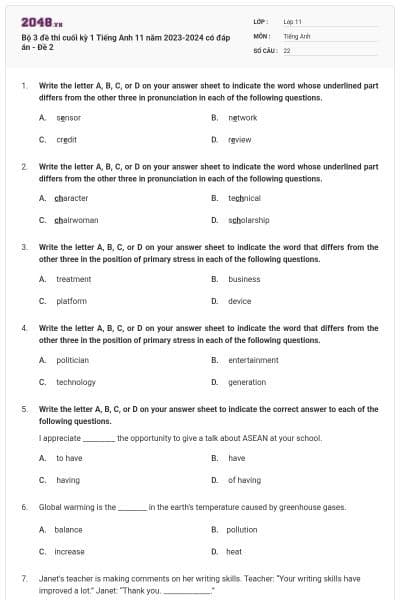 Bộ 3 đề thi cuối kỳ 1 Tiếng Anh 11 năm 2023-2024 có đáp án - Đề 2