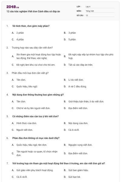 12 câu trắc nghiệm Viết đơn Cánh diều có đáp án