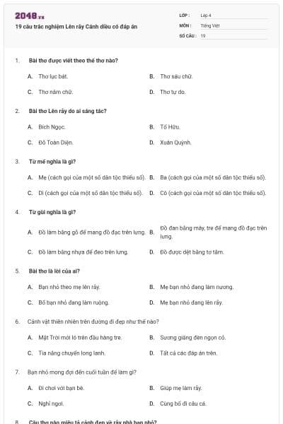 19 câu trắc nghiệm Lên rẫy Cánh diều có đáp án
